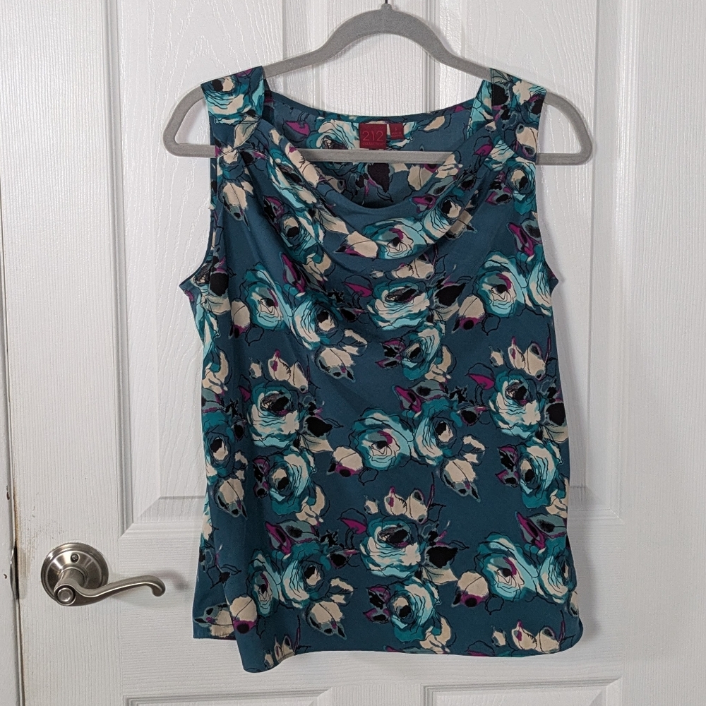 212 Collection Floral Blue Sleeveless Drape Neck Shell Tank Blouse Size Small